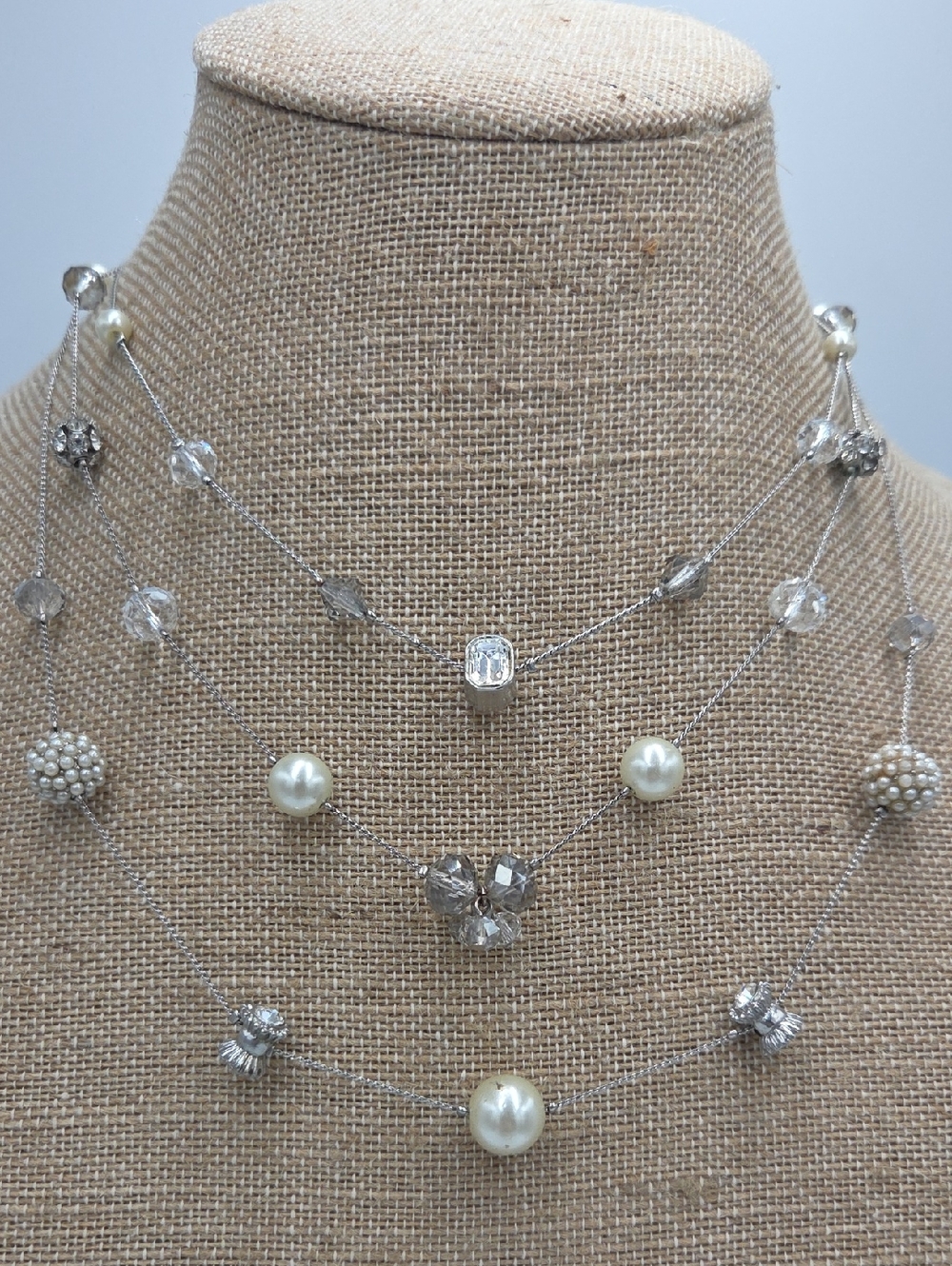 White House Black Market Silver-Tone Multi-Strand Pearl & Crystal Necklace